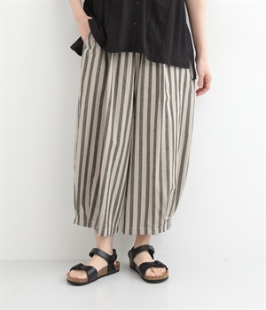 コットンリネン平織　バルーンパンツ(ストライプグレージュ-ONESIZE)