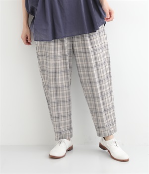 コットンリネン平織　テーパードパンツ(チェックネイビー-ONESIZE)