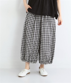 コットンリネン平織裾ギャザーパンツ(ギンガムキナリ×クロ-ONESIZE)