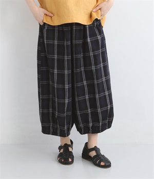 コットンリネン平織裾ギャザーパンツ(チェッククロ-ONESIZE)
