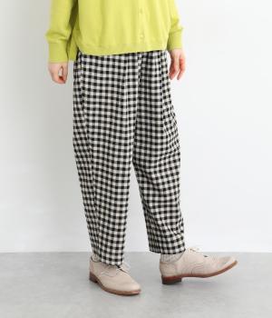 11×12コットンリネン平織テーパードパンツ(ギンガム/キナリ×クロ-F)