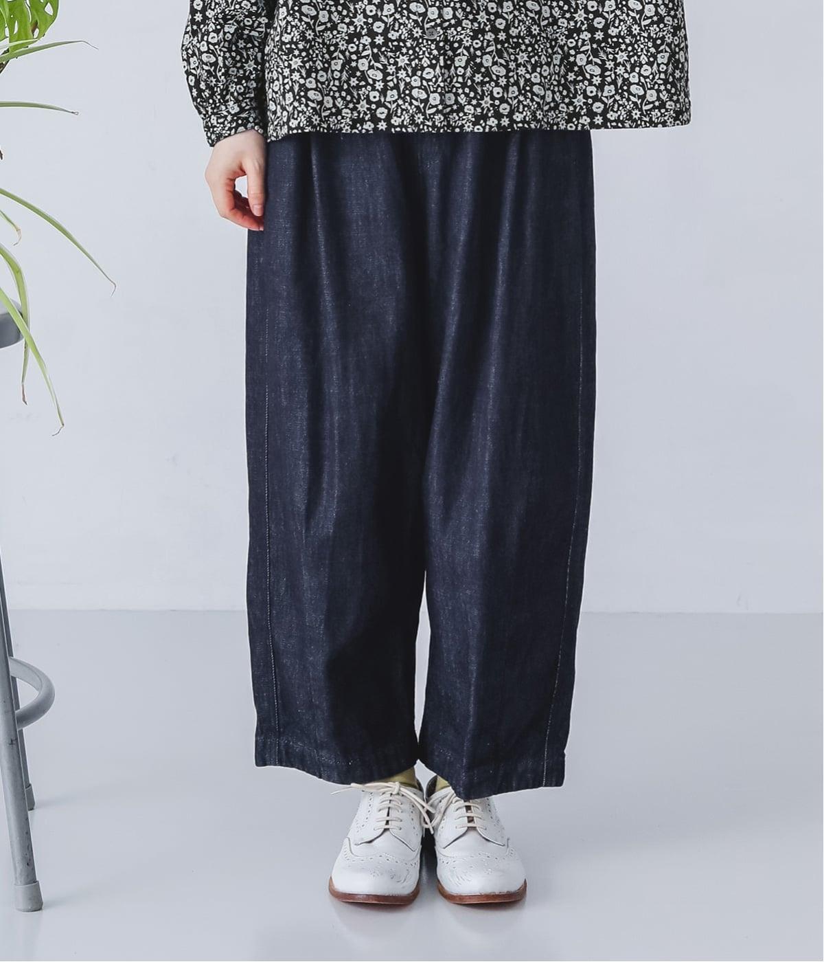 10ozコットン甘織デニム・ヒッコリー裾タックワイドパンツ