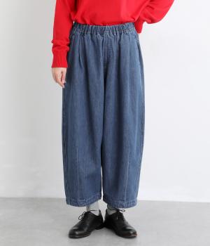 10ozコットン甘織デニム・ヒッコリー裾タックワイドパンツ(ブルー-F)