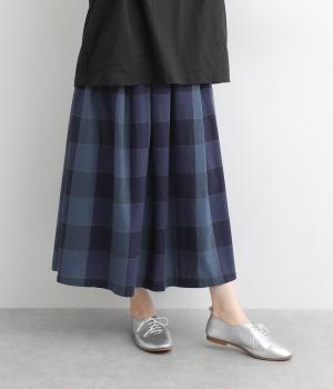 コットン平織ブロックチェックスカート(ネイビー-ONESIZE)
