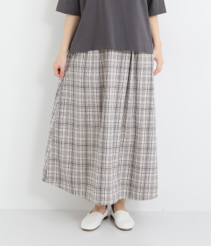 コットンリネン平織　スカート(チェックネイビー-ONESIZE)