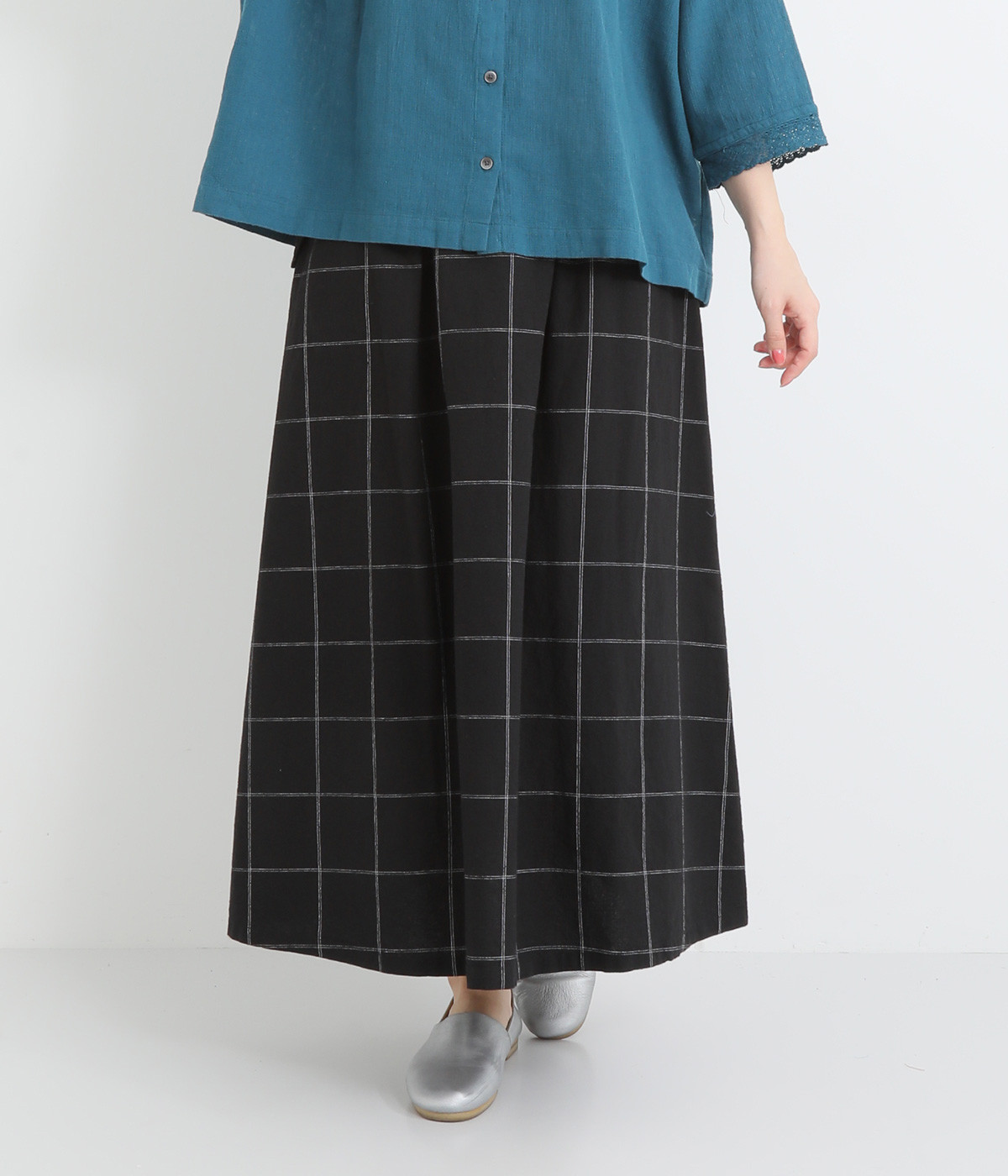 コットンリネン平織　スカート(チェッククロ-ONESIZE)