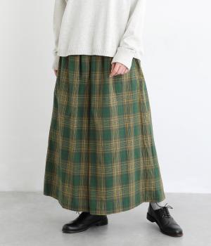 コットン平織チェック柄スカート見えワイドパンツ(グリーンイエロー-F)