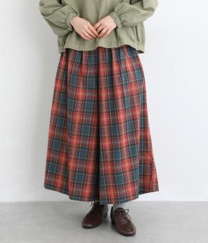 コットン平織チェック柄スカート見えワイドパンツ(アカネイビー-F)