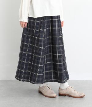11×12コットンリネン平織Aラインスカート(チェック/ネイビー-F)