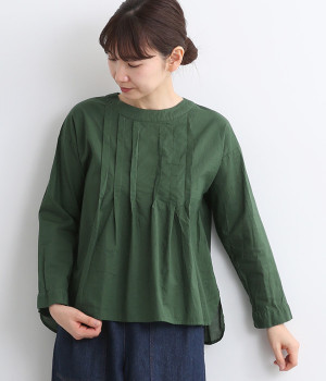 コットンローン日本製品染タックブラウス(グリーン-ONESIZE)