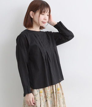 コットンローン日本製品染タックブラウス(ブラック-ONESIZE)