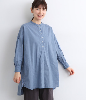 コットンローン日本製品染チュニックブラウス(ヒヤシンスブルー-ONESIZE)