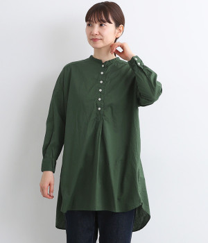 コットンローン日本製品染チュニックブラウス(グリーン-ONESIZE)