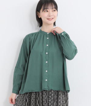 コットン日本製品染めスタンドカラーブラウス(ピーコック-ONESIZE)