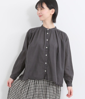 コットン日本製品染めスタンドカラーブラウス(チャコール-ONESIZE)
