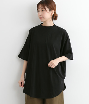 コットンリネン天竺6分袖ドルマンワイドプルオーバー(ブラック-ONESIZE)