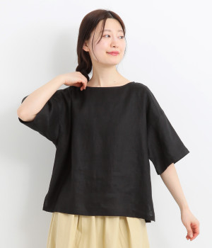 リネン平織ワイドプルオーバー(ブラック-ONESIZE)