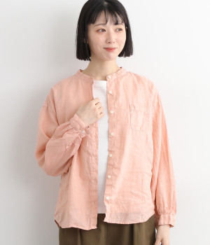 リネン平織日本製品染胸ポケット付きシャツ(ピンク-ONESIZE)