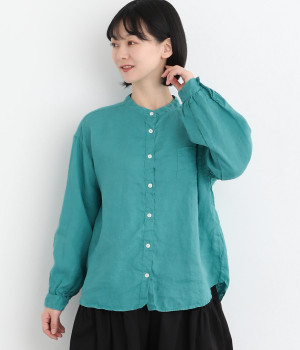 リネン平織日本製品染胸ポケット付きシャツ(ターコイズ-ONESIZE)