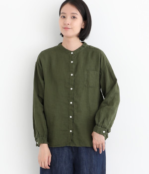 リネン平織日本製品染胸ポケット付きシャツ(カーキ-ONESIZE)