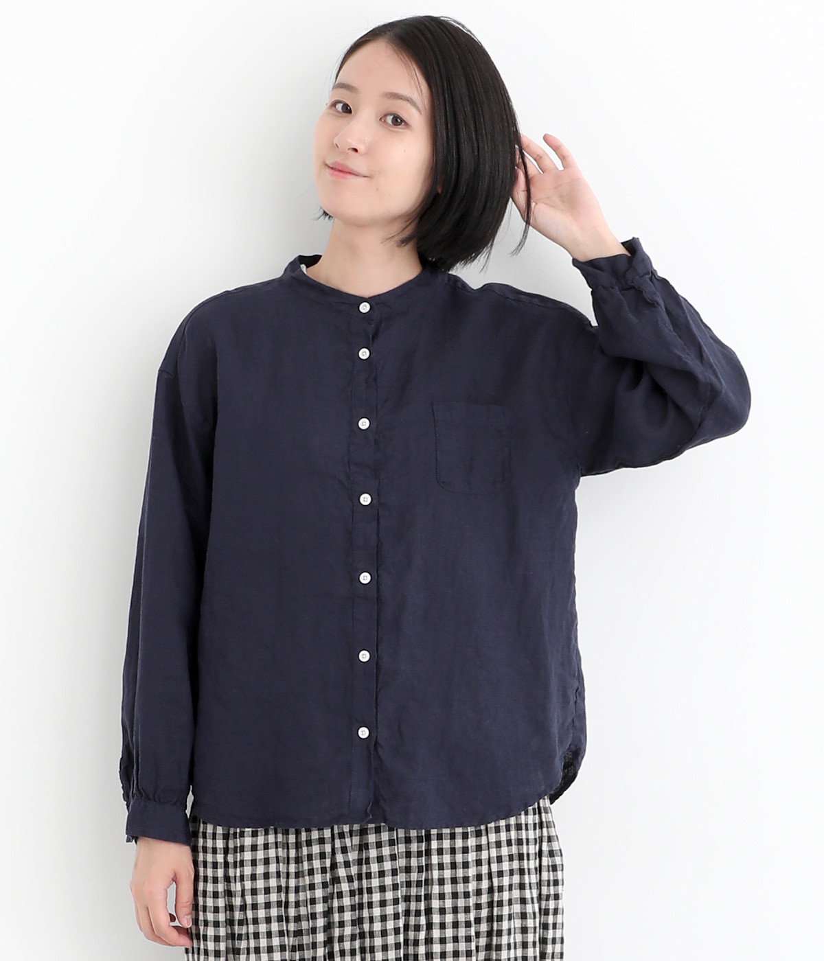 リネン平織日本製品染胸ポケット付きシャツ(ネイビー-ONESIZE)