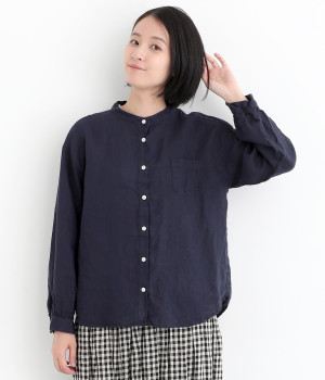 リネン平織日本製品染胸ポケット付きシャツ(ネイビー-ONESIZE)