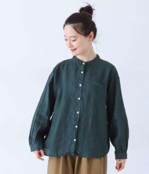 リネン平織日本製品染胸ポケット付きシャツ(ダークグリーン-F)