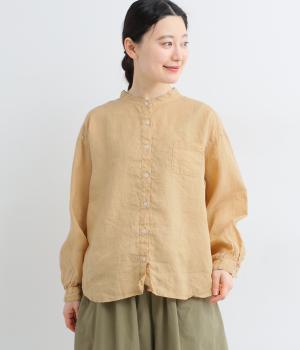 リネン平織日本製品染胸ポケット付きシャツ(オレンジベージュ-F)