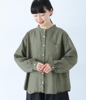 リネン平織日本製品染胸ポケット付きシャツ(アッシュカーキ-M)