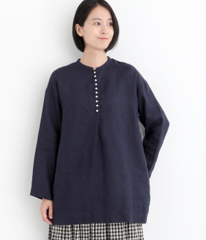 リネン平織日本製品染多釦シャツチュニック