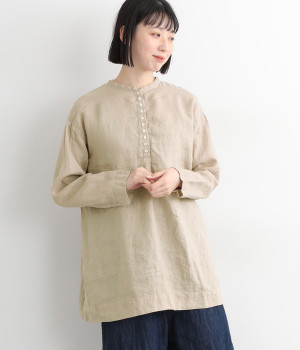 リネン平織日本製品染多釦シャツチュニック(グレージュ-ONESIZE)