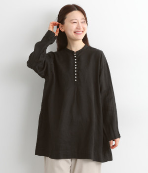 リネン平織日本製品染多釦シャツチュニック(ブラック-ONESIZE)