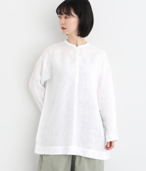 リネン平織日本製品染多釦シャツチュニック(シロ-ONESIZE)