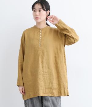 リネン平織日本製品染多釦シャツチュニック(キャメル-ONESIZE)
