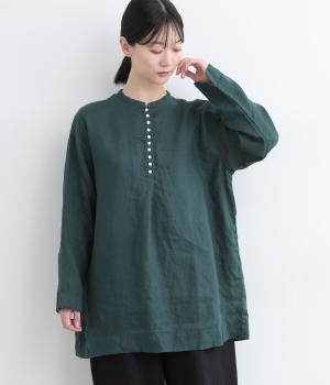 リネン平織日本製品染多釦シャツチュニック(ダークグリーン-ONESIZE)