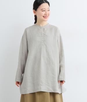 リネン平織日本製品染多釦シャツチュニック(ソフトグレー-F)