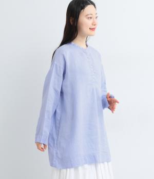 リネン平織日本製品染多釦シャツチュニック(ゼニスブルー-F)
