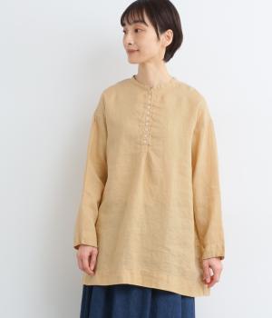 リネン平織日本製品染多釦シャツチュニック(オレンジベージュ-F)
