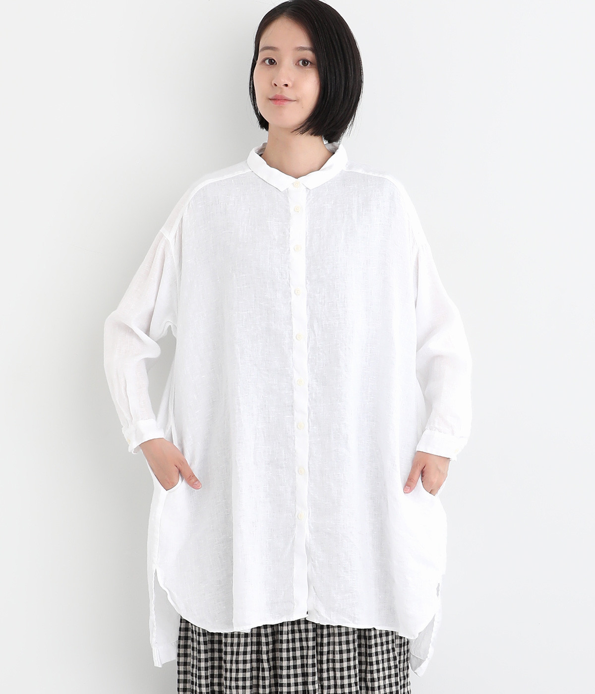 リネン平織日本製品染　ギャザーワイドチュニック(シロ-ONESIZE)