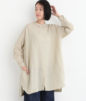 リネン平織日本製品染　ギャザーワイドチュニック(ライトベージュ-ONESIZE)