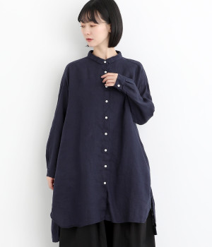 リネン平織日本製品染　ギャザーワイドチュニック(ネイビー-ONESIZE)