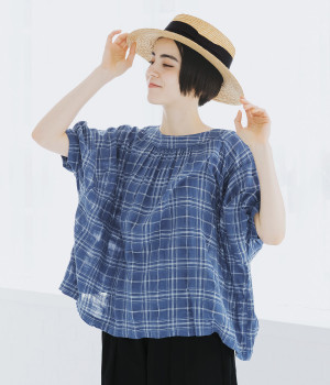 コットンリネンレーヨン織柄 チェック柄ギャザーワイドプルオーバー(ブルー-ONESIZE)