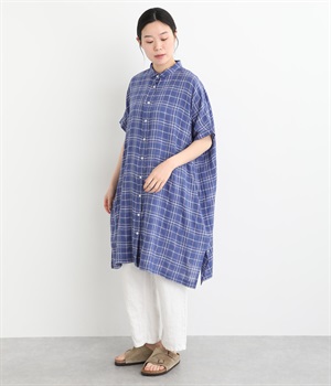 コットンリネンレーヨン織柄 チェック柄チュニック(ブルー-ONESIZE)