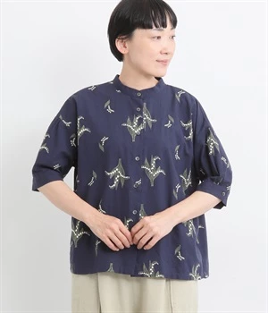 コットン平織　総柄刺繍　ブラウス(ダークネイビー-ONESIZE)