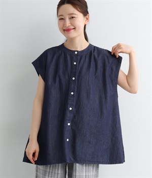 コットンテンセルデニム　ワイドブラウス(ネイビー-ONESIZE)