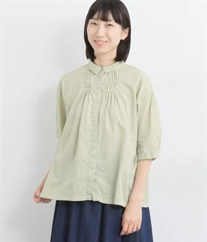 【tukuroi by SUN VALLEY】コットンリネン平織日本製品染　6分袖タックブラウス(ミストグリーン-ONESIZE)
