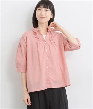 【tukuroi by SUN VALLEY】コットンリネン平織日本製品染　6分袖タックブラウス(ピオニーピンク-ONESIZE)