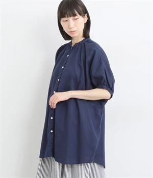 【tukuroi by SUN VALLEY】コットンリネン平織日本製品染　5分袖ドルマンチュニック(ミッドナイトブルー-ONESIZE)