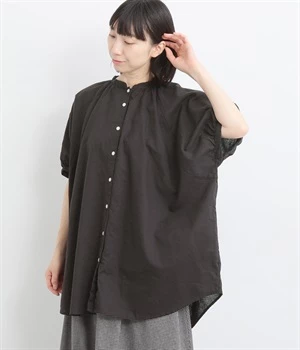 【tukuroi by SUN VALLEY】コットンリネン平織日本製品染　5分袖ドルマンチュニック(スミクロ-ONESIZE)