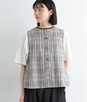 【tukuroi by SUN VALLEY】コットンリネン　チャイナ釦ベスト(グレンチェックキナリ×クロ-ONESIZE)